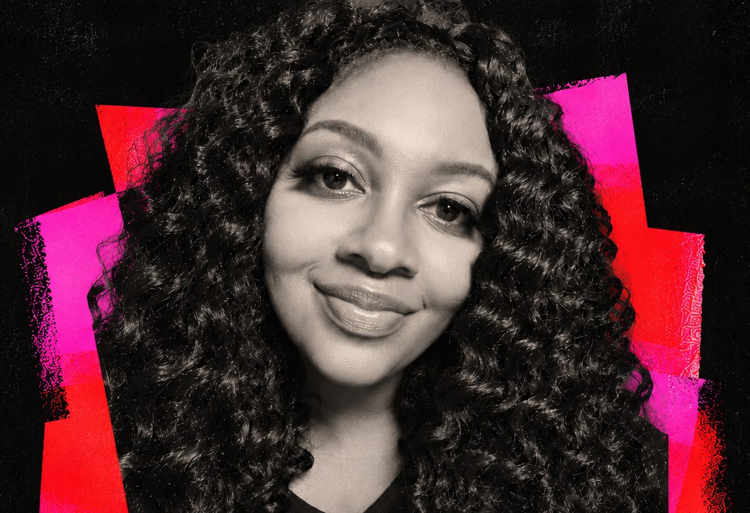 Black-and-white portrait of Adrienne Threatt smiling, framed by hot-pink and red print shapes.